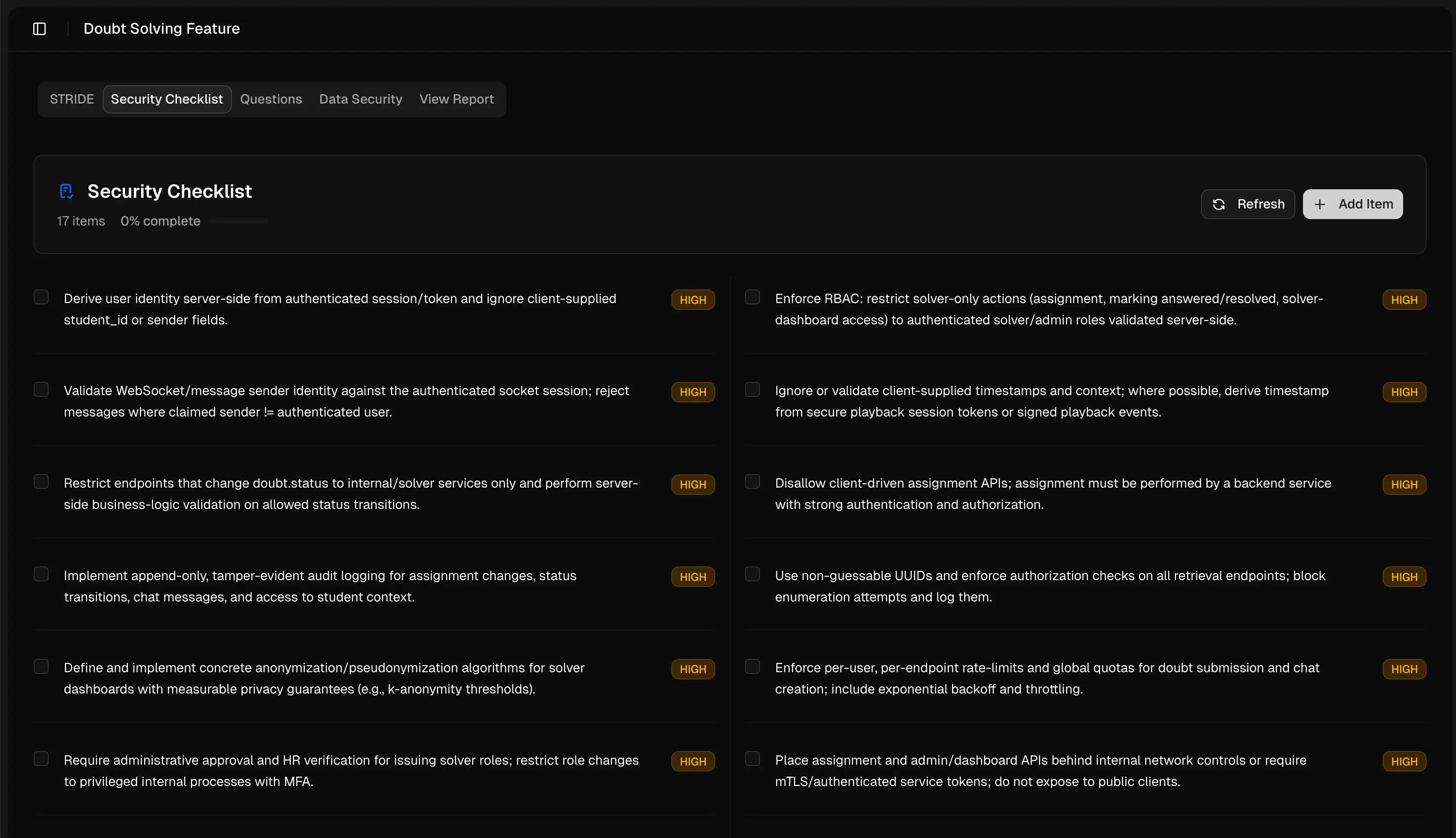 Security Checklist Screenshot